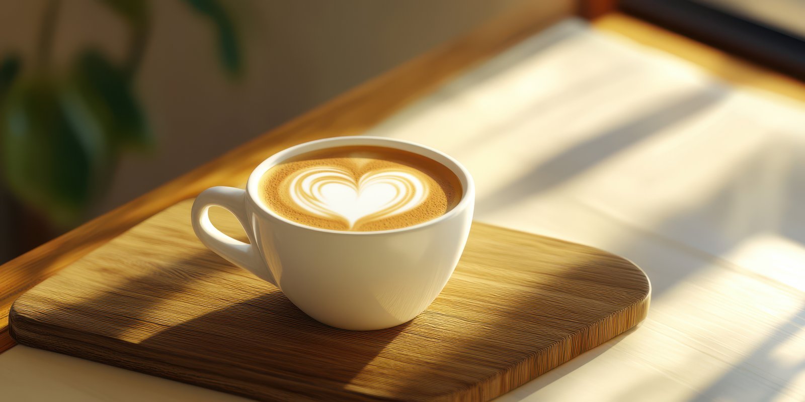 Warm coffee cup with heart-shaped latte art placed on wooden surface in a sunlit room during morning hours